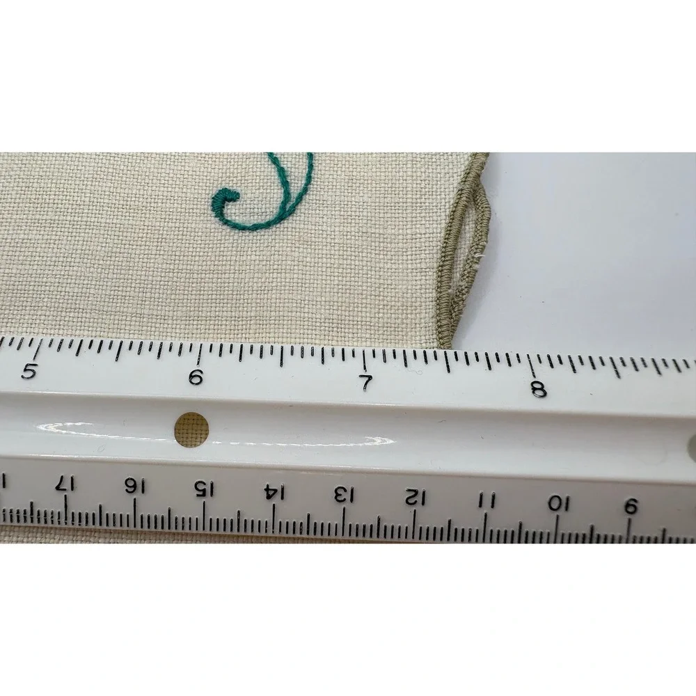 Vintage Hand Embroidered Linen Napkins Set of 4 Scallop Floral Teal Cream 16x16